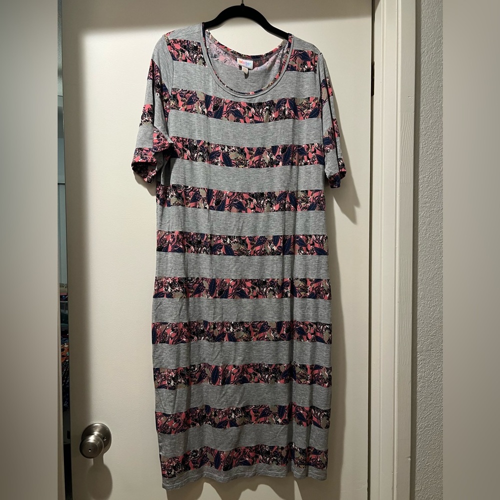 LuLaRoe Gray and Pink Floral Stripe Dress